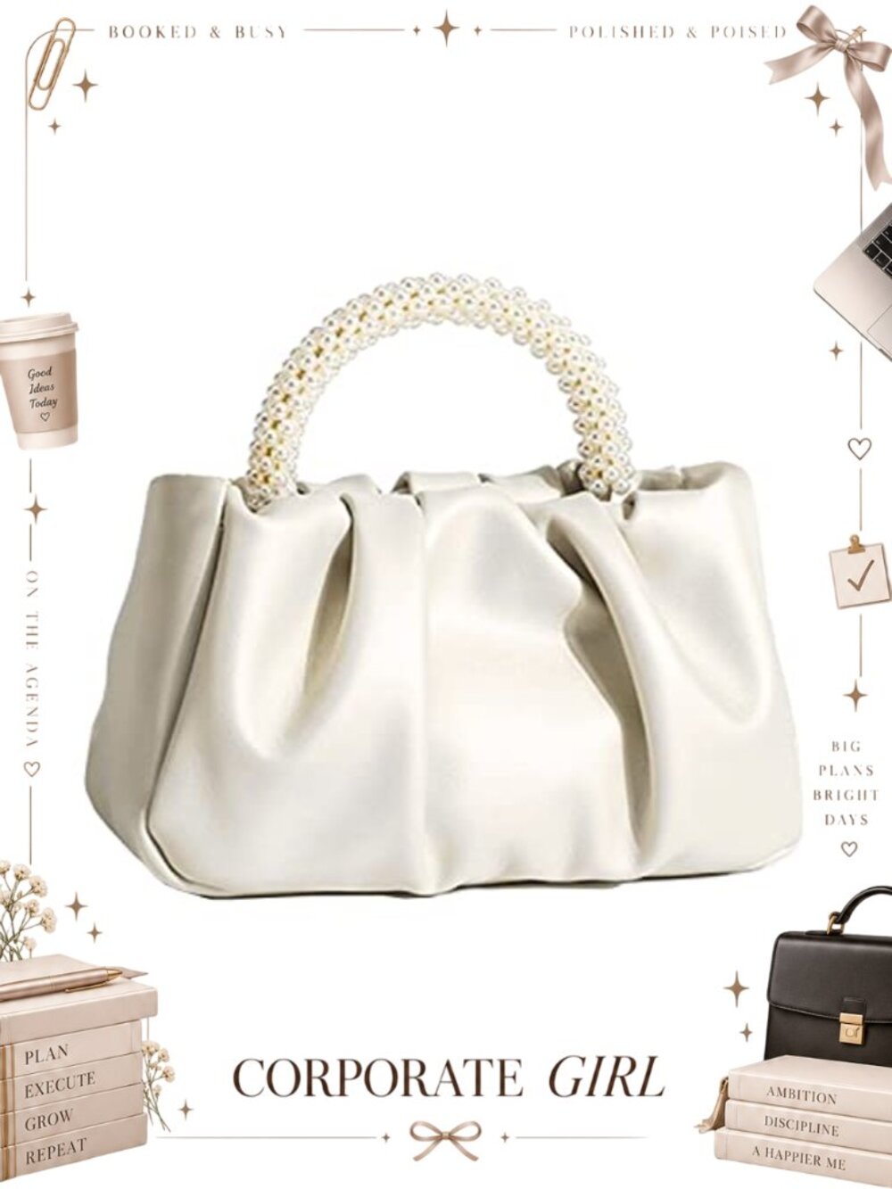 Pearl Leather Ruched Evening Clutch Crossbody Purse Bridal Wedding Bag